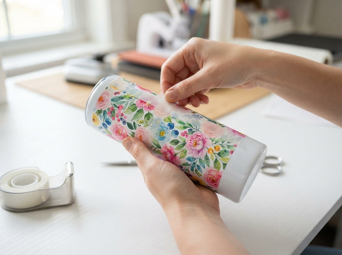 Hands wrapping a printed floral sublimation sheet around a blank white skinny tumbler