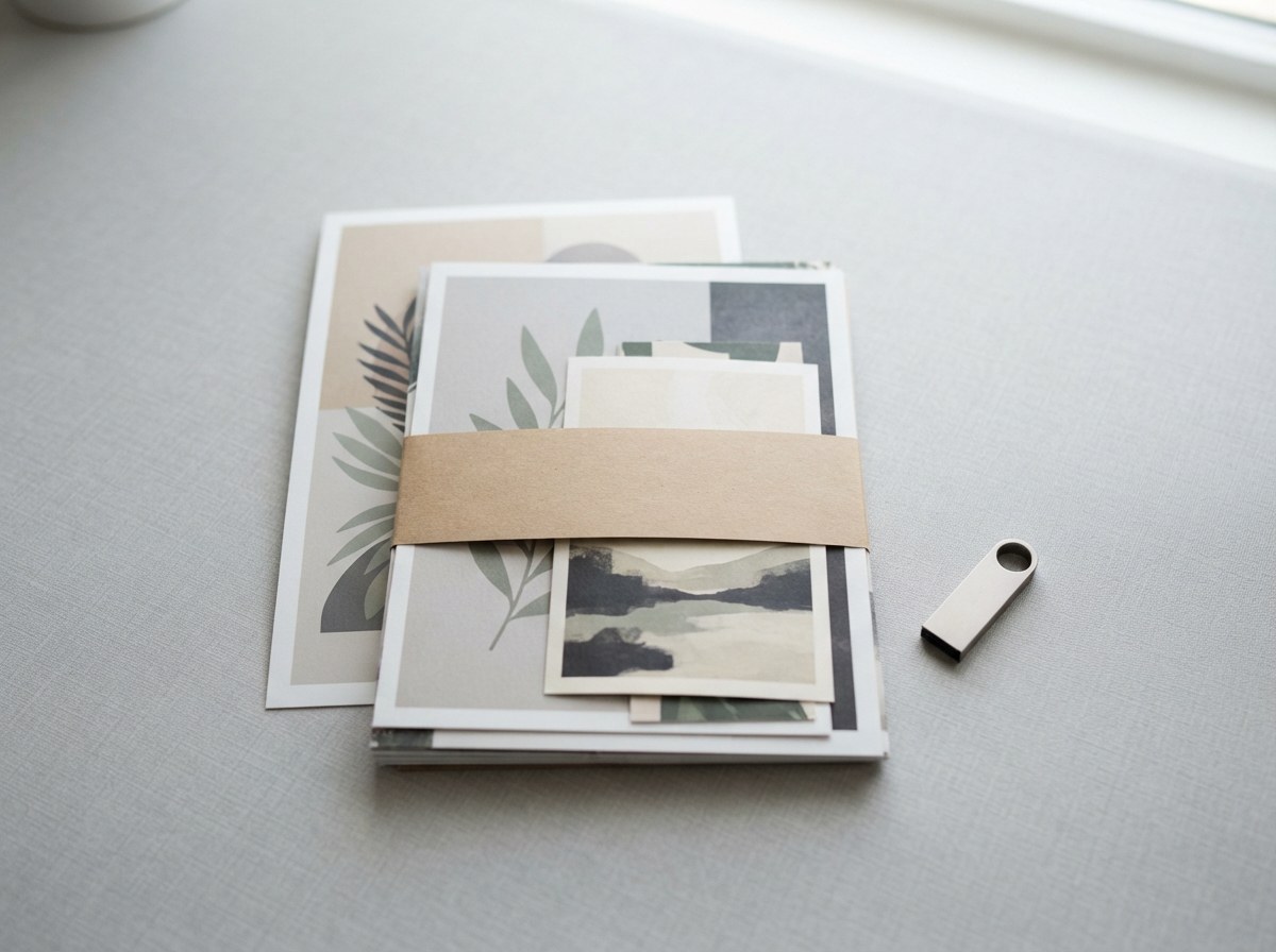 A bundle of printed wall art prints in several sizes held with a kraft paper band, next to a USB flash drive