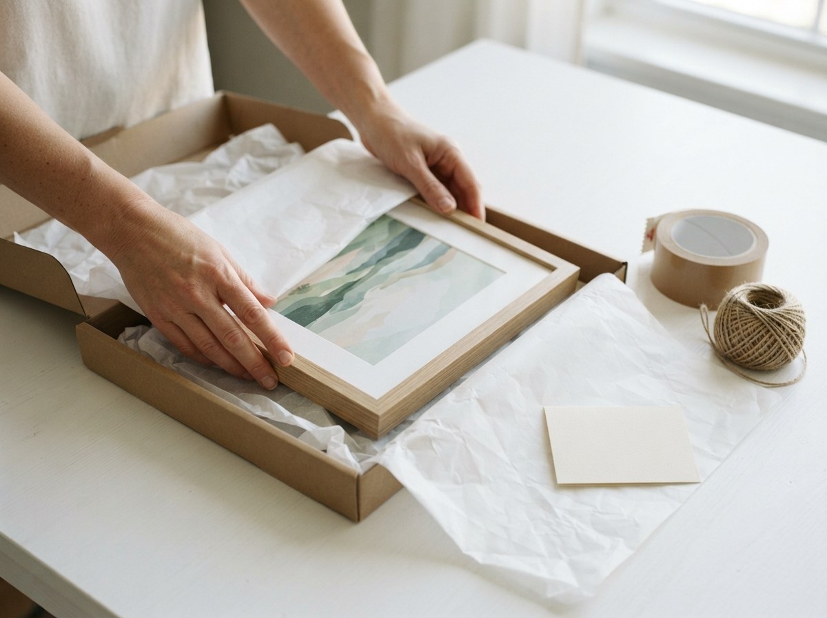 Hands wrapping a framed art print in tissue paper inside a kraft shipping box, with paper tape and twine nearby