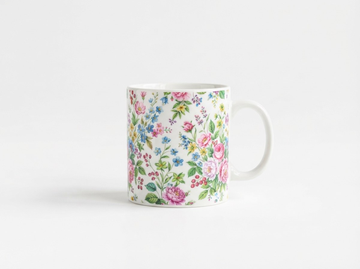 A floral print mug photographed on a clean, pure white background