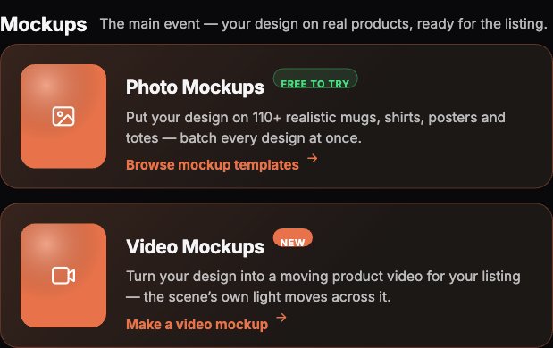 Scaylr Mockups section showing Photo Mockups and Video Mockups cards