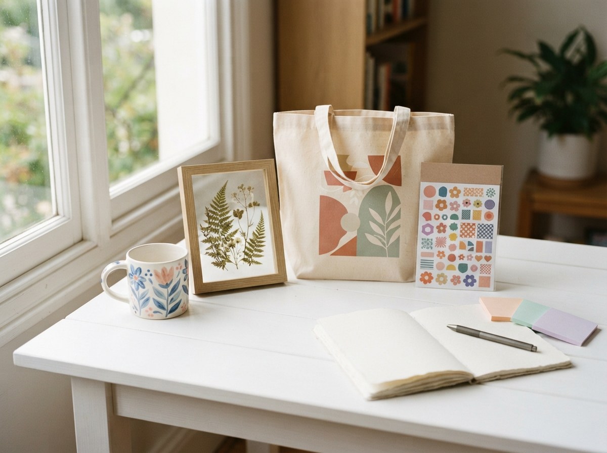 Handmade products lined up for listing photos on a white table by a window: a floral mug, a framed fern print, a printed tote bag and a sticker sheet