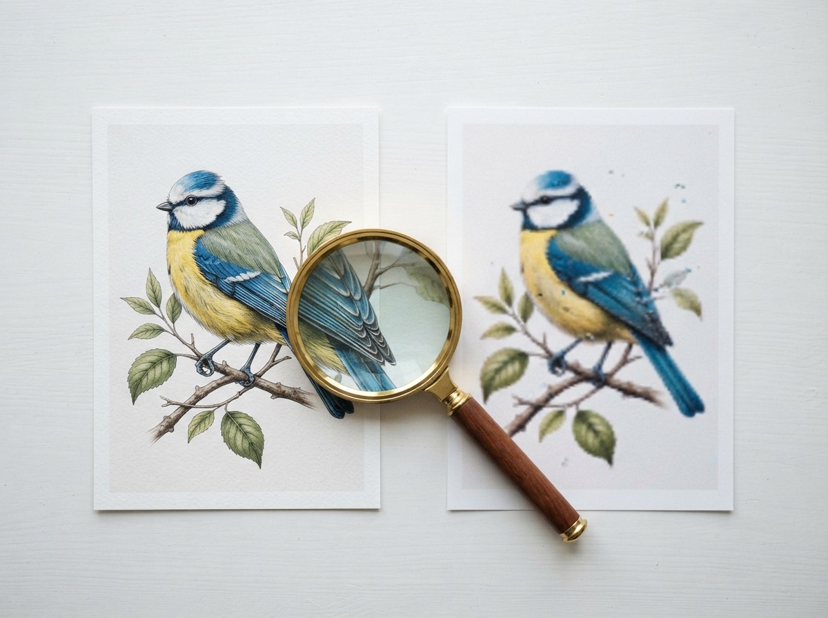 Two prints of the same bird illustration side by side with a magnifying glass, checking print detail up close