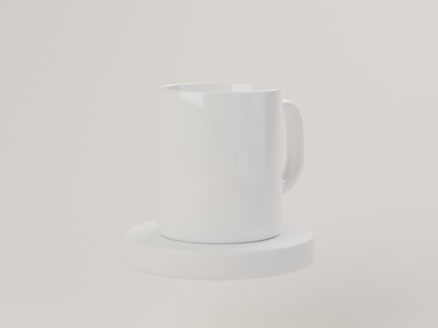 360 degree mug video mockup scene: a glossy white 11 oz mug on a white turntable in a minimal studio