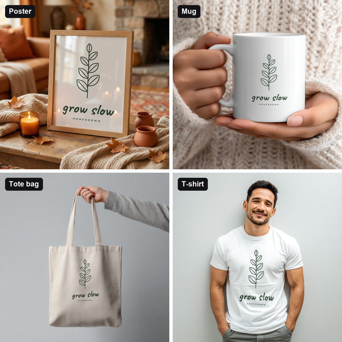 One botanical design shown on four mockups: a poster frame, a white mug, a canvas tote bag and a white T-shirt