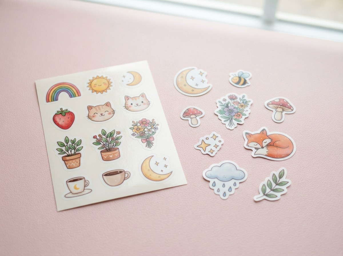 A sticker sheet with stickers still on their backing next to loose die-cut stickers cut to their exact shapes, on a pink desk