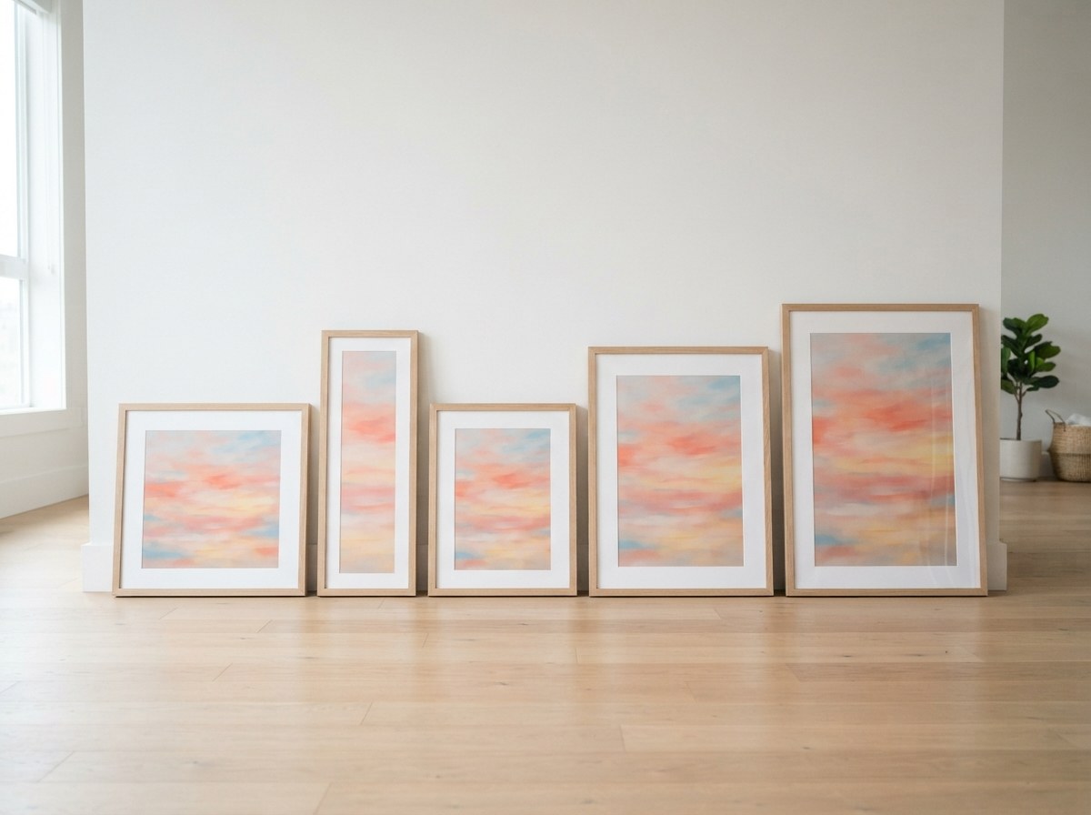 The same sunset artwork in five oak frames of different proportions, from square to tall and narrow, leaning against a white wall