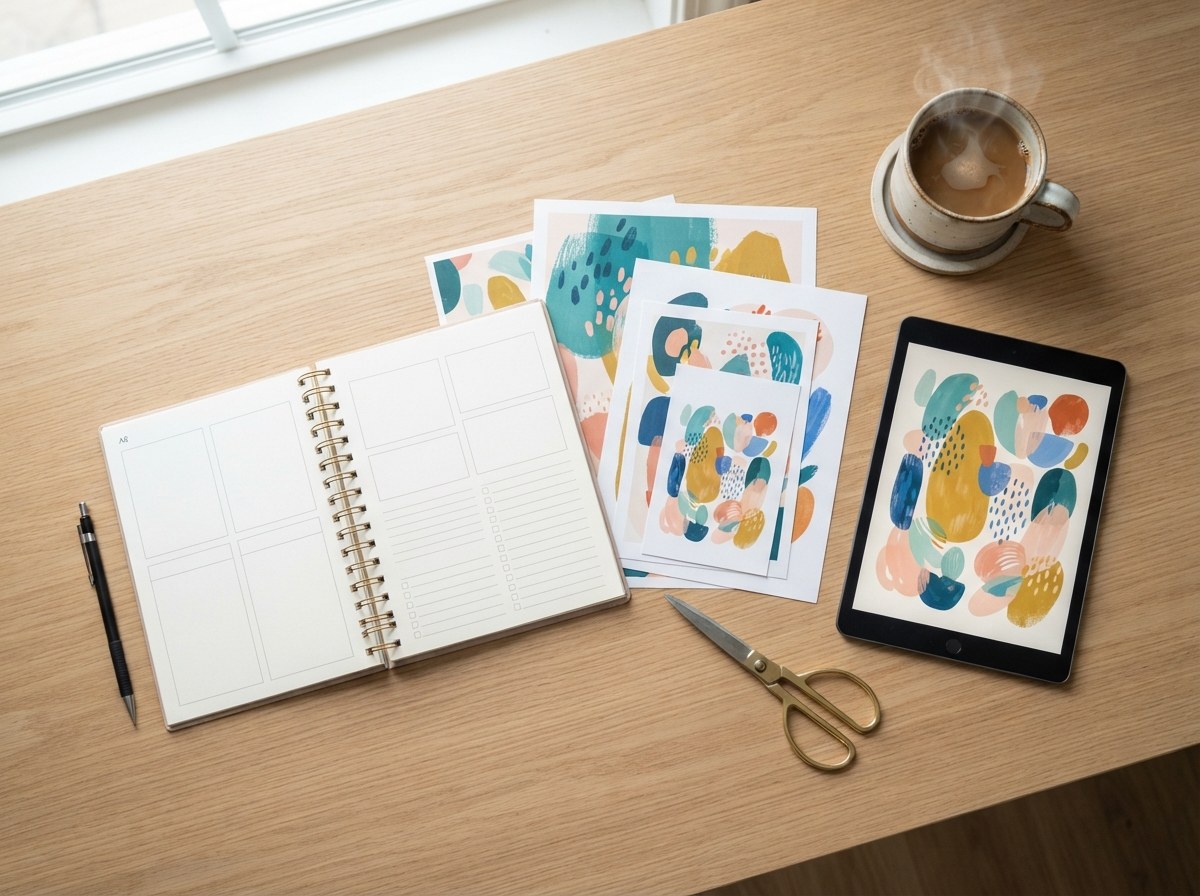 Printable planner pages and colourful printable art sheets on a wooden desk next to a tablet, scissors and a cup of coffee
