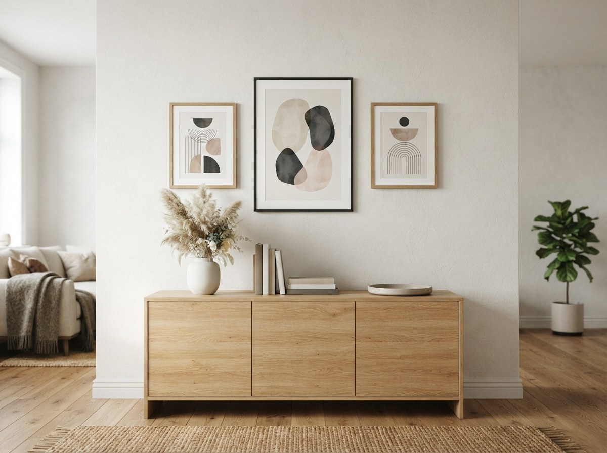 Three framed abstract art prints hung as a small gallery wall above an oak sideboard with a vase of pampas grass