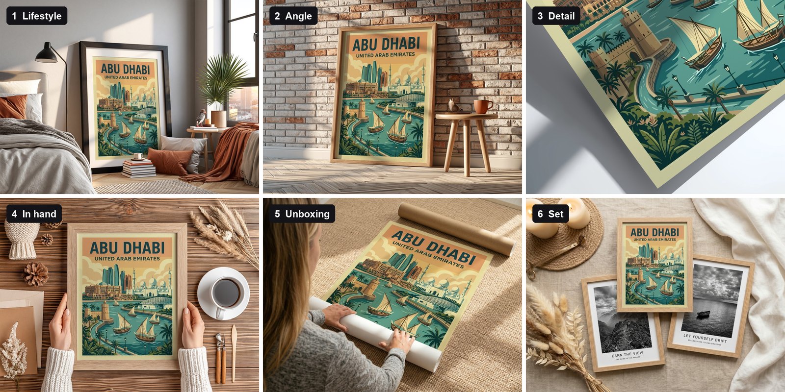 Six Etsy listing photos of the same Abu Dhabi travel poster: lifestyle bedroom, angled frame on a brick wall, close-up detail, frame held in hands, poster being unrolled and a set of three frames