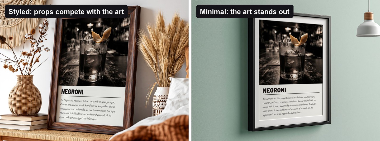 The same Negroni cocktail print in two mockups: a styled scene with pampas grass and a wicker vase next to the frame, and a minimal sage green wall where the print stands alone