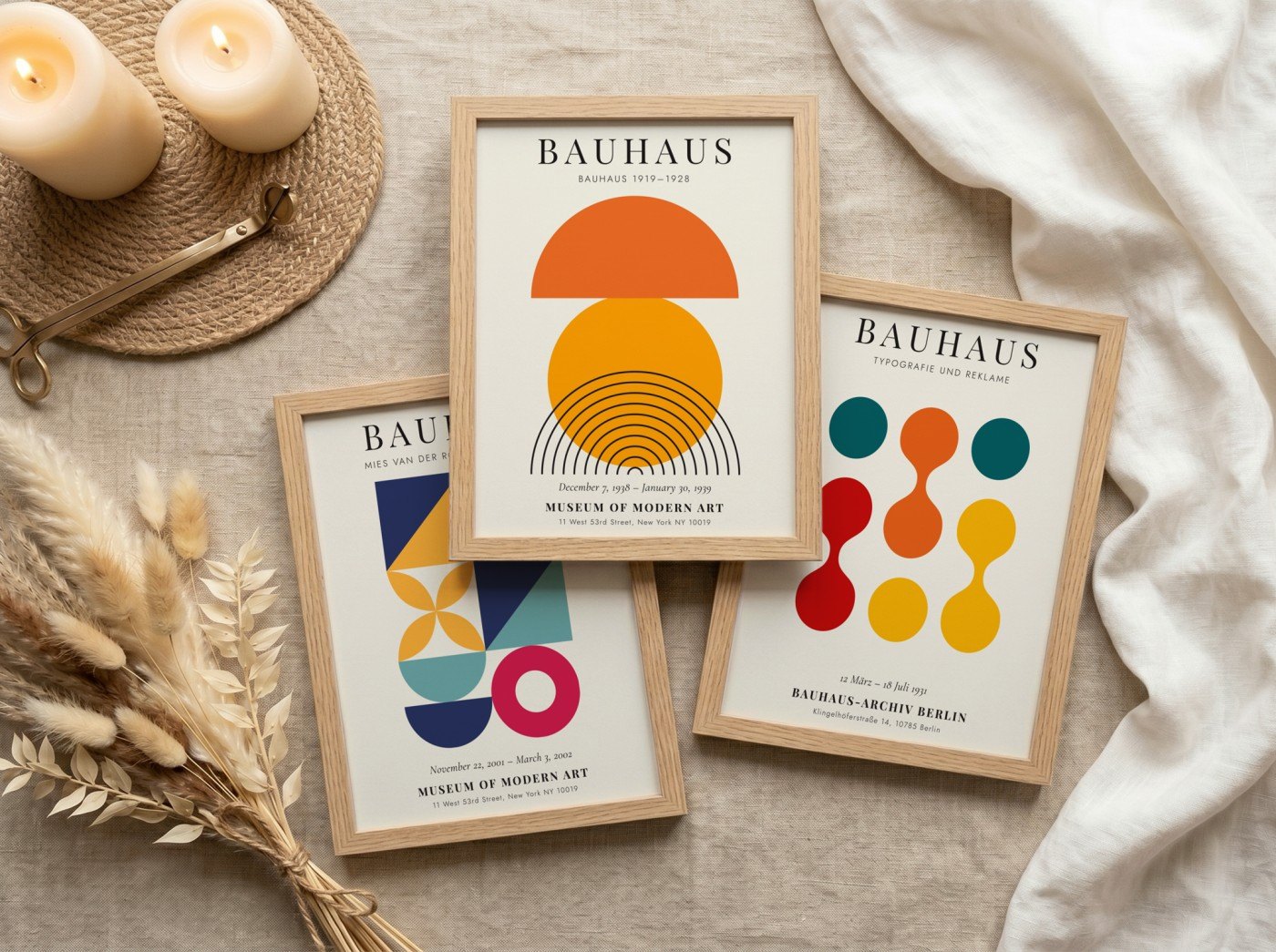 Three oak frames in a flat lay on linen showing a Bauhaus-style print set: an orange sun poster, a geometric poster and a circles poster