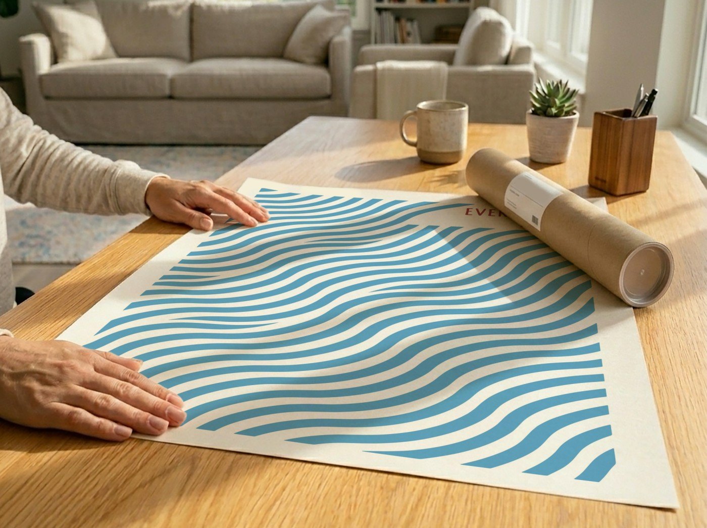 An unframed blue wave print with the words Everything Flows being flattened on a wooden table next to a shipping tube