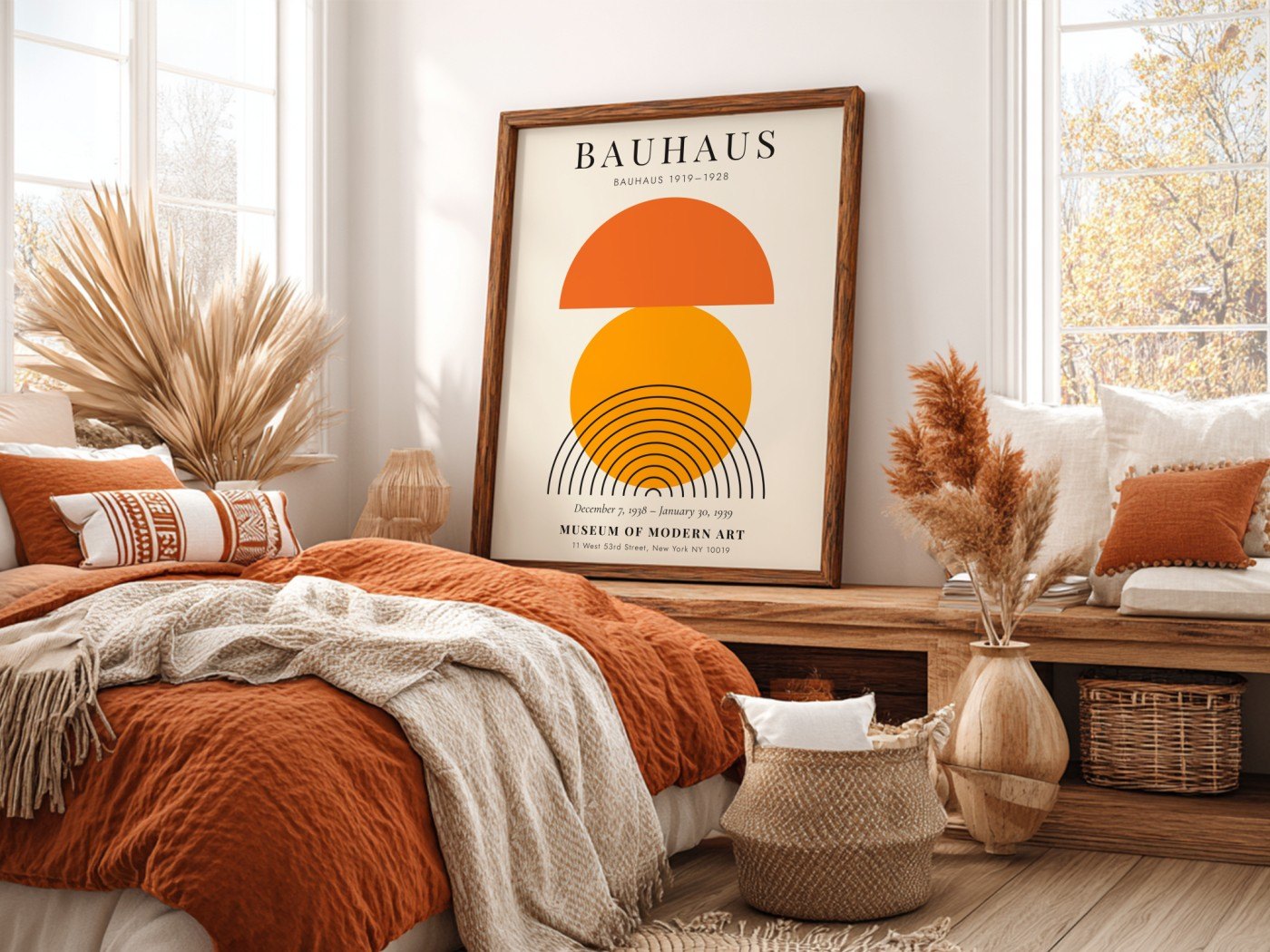 A dark wood frame with an orange Bauhaus sun poster leaning behind a bed with terracotta and cream bedding