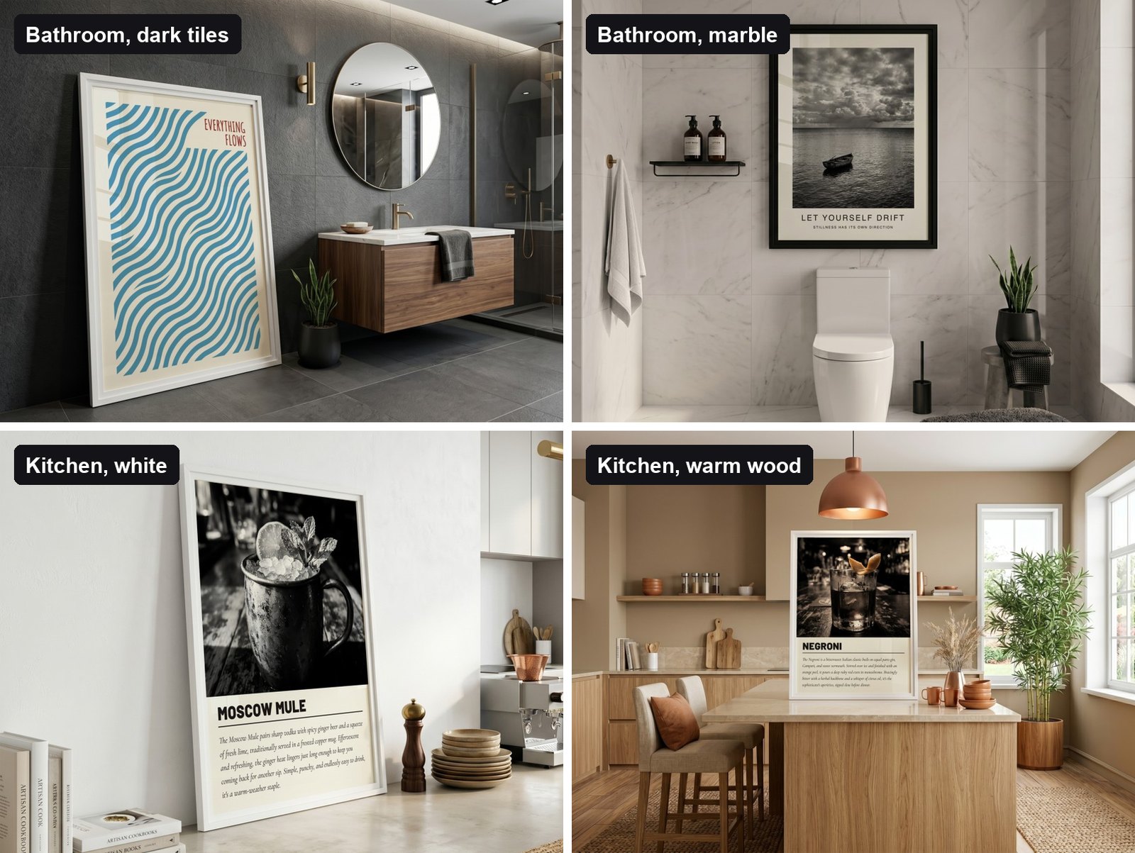 Four mockups: a wave print in a dark tiled bathroom, a black and white seascape in a marble bathroom, a Moscow Mule print in a white kitchen and a Negroni print on a wooden kitchen island