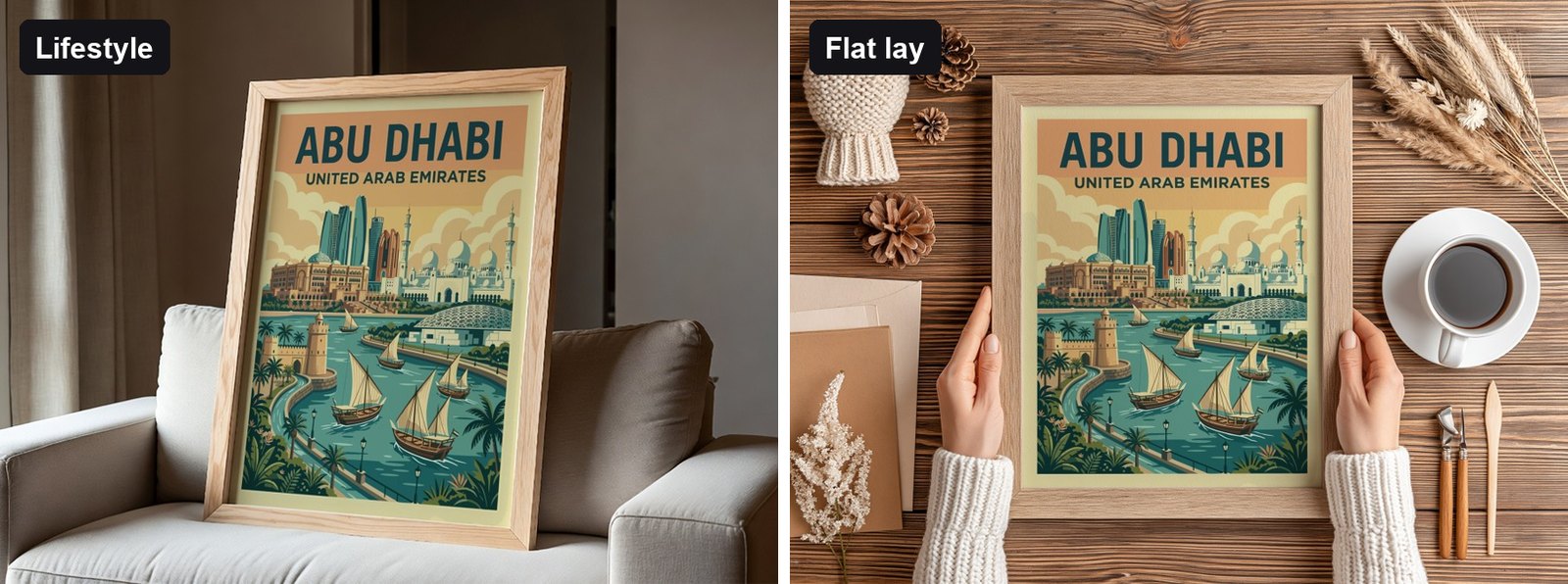 The same Abu Dhabi travel poster shown as a lifestyle mockup on a white armchair and as a top-down flat lay held in hands on a wooden desk