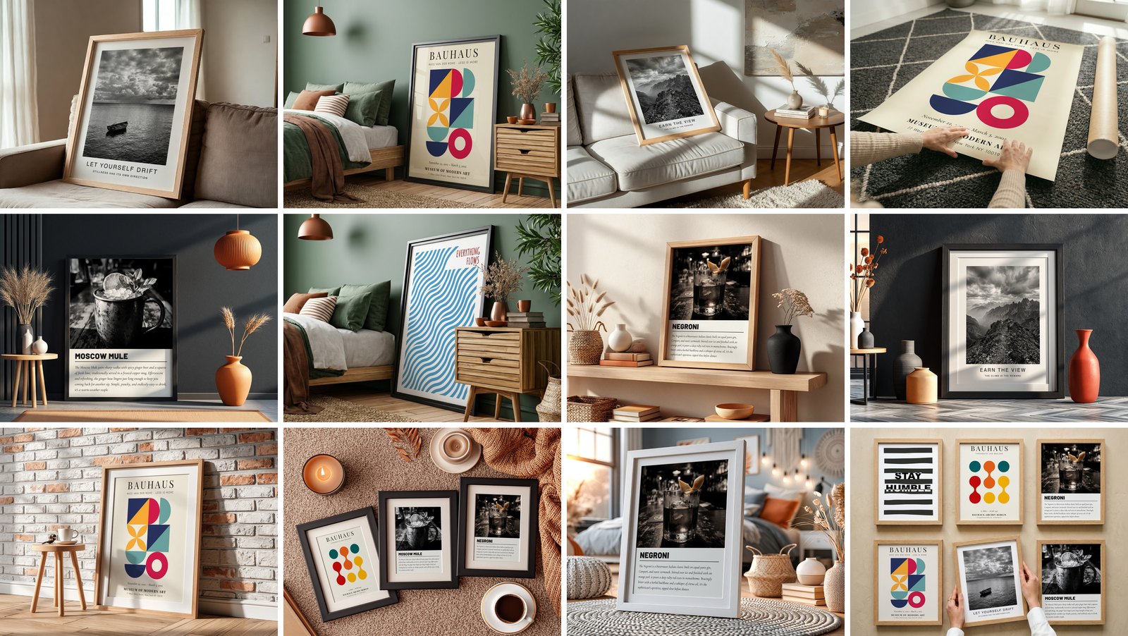 A grid of twelve poster mockups with different designs and room scenes, the kind of photo set one batch produces