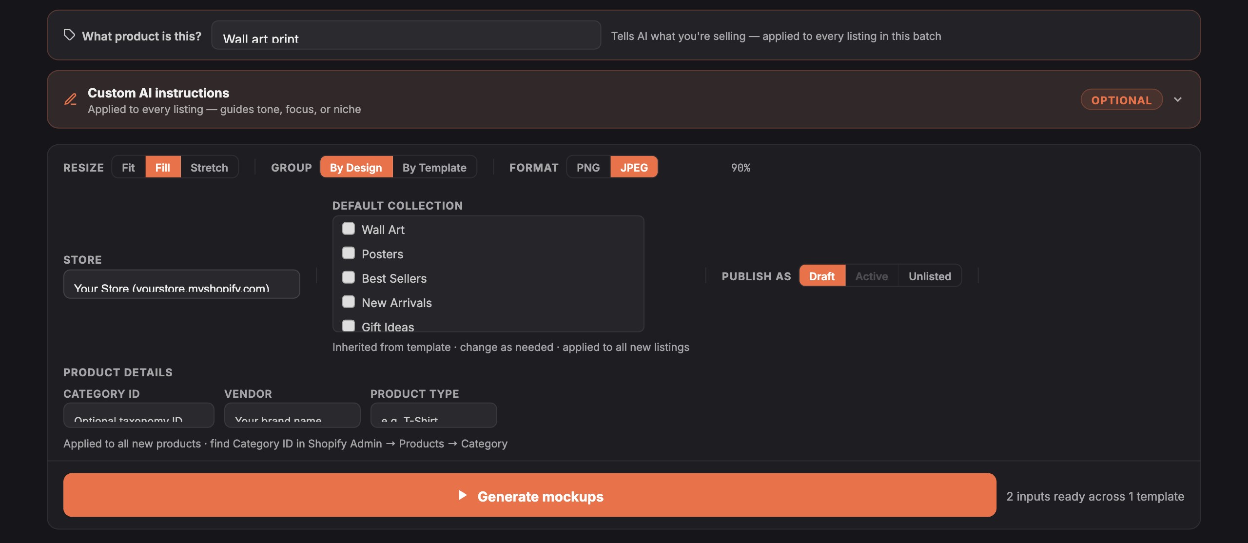 Shopify Publisher batch settings: product type for the AI, custom AI instructions, store, default collection, publish as draft, vendor and product type