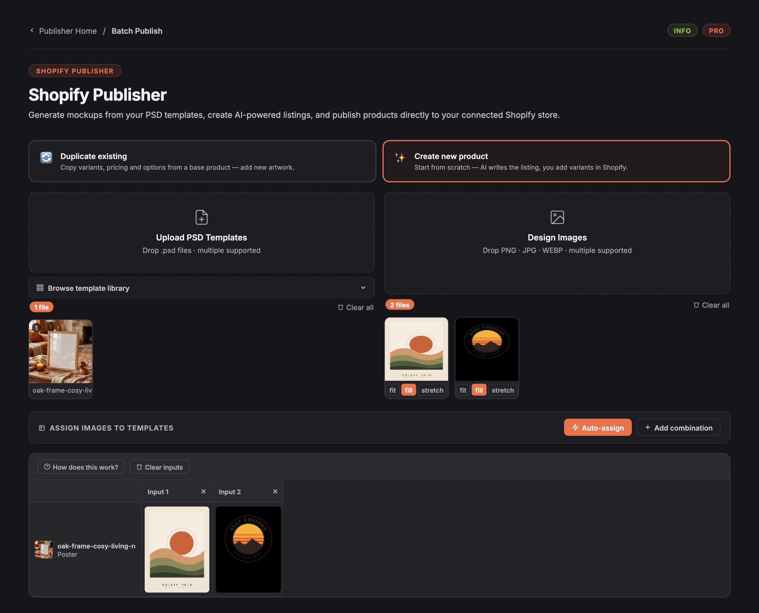 Shopify Publisher batch setup: create new product selected, a poster frame template and two designs assigned