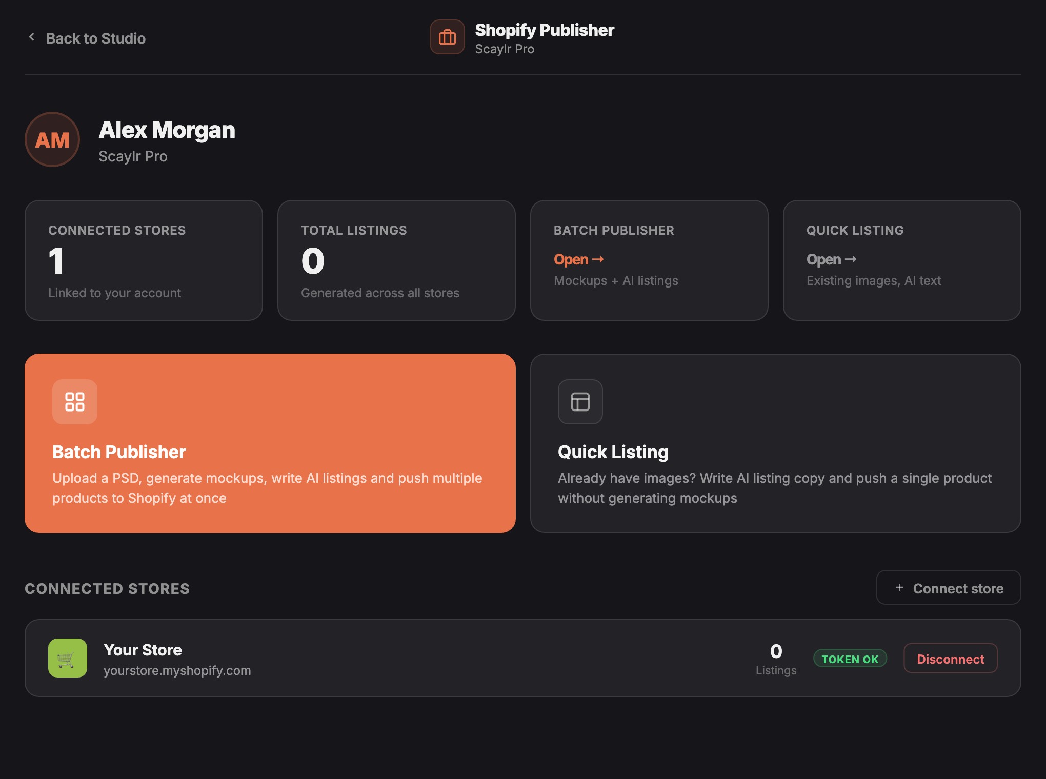 Scaylr Shopify Publisher home screen with a connected store, the Batch Publisher and Quick Listing options