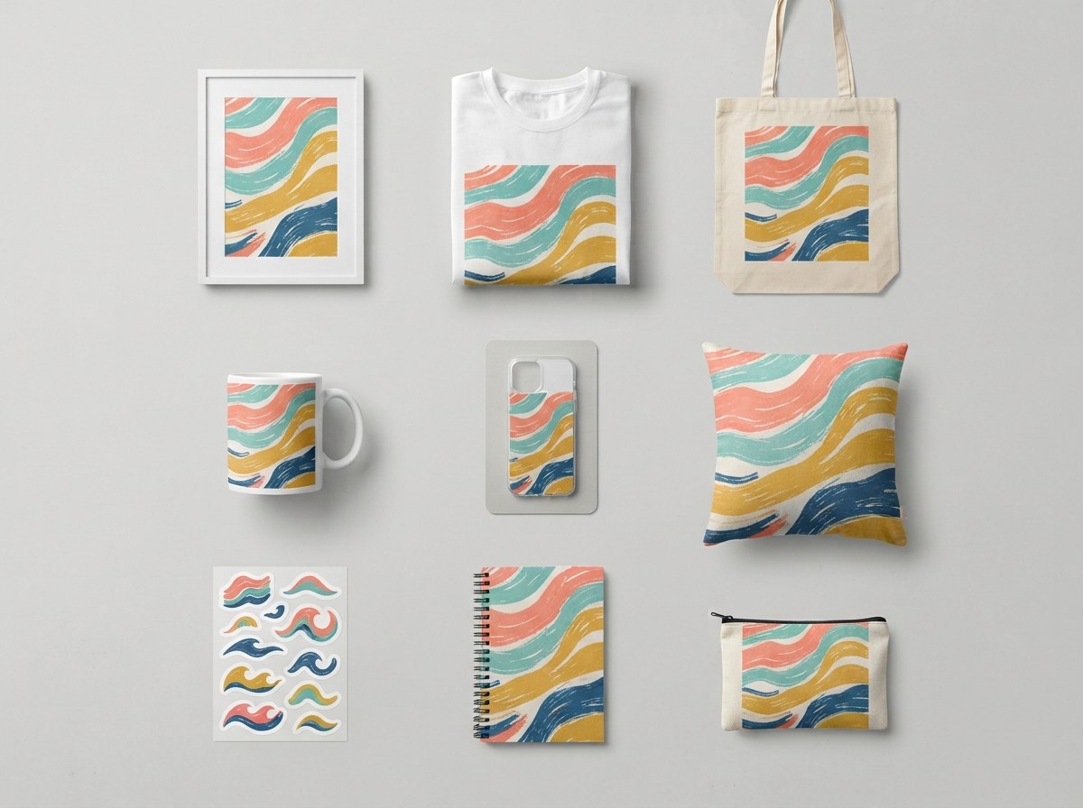 One colourful wave design printed on nine print-on-demand products: an art print, T-shirt, tote bag, mug, phone case, pillow, stickers, notebook and pouch