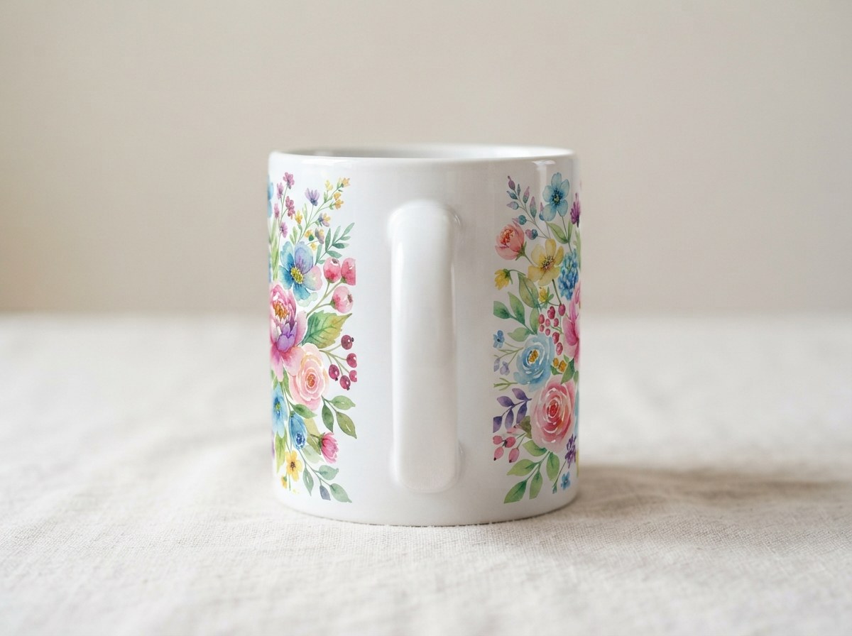 A white sublimation mug seen from the handle side: the floral print stops before the handle, leaving a plain white strip