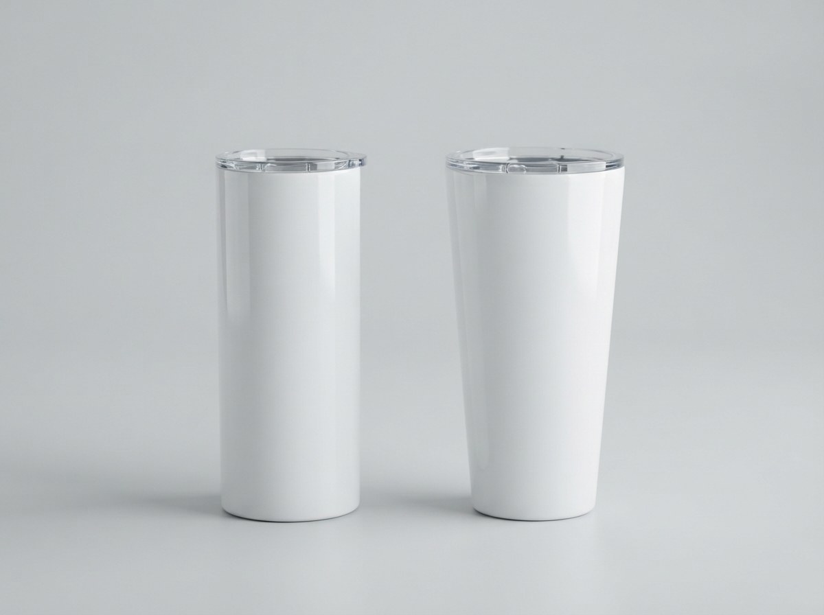 Two blank white sublimation tumblers side by side: a straight tumbler on the left and a tapered tumbler, wider at the top than the bottom, on the right