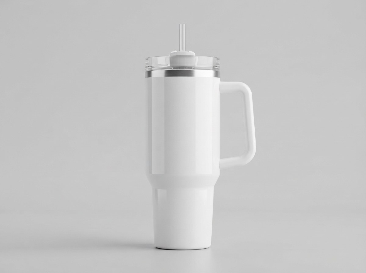 A blank white 40oz sublimation tumbler with a side handle, clear lid and straw