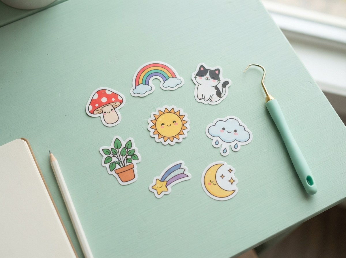 Die-cut stickers with even white borders around cute illustrations (mushroom, rainbow, cat, sun) on a mint desk with a weeding hook