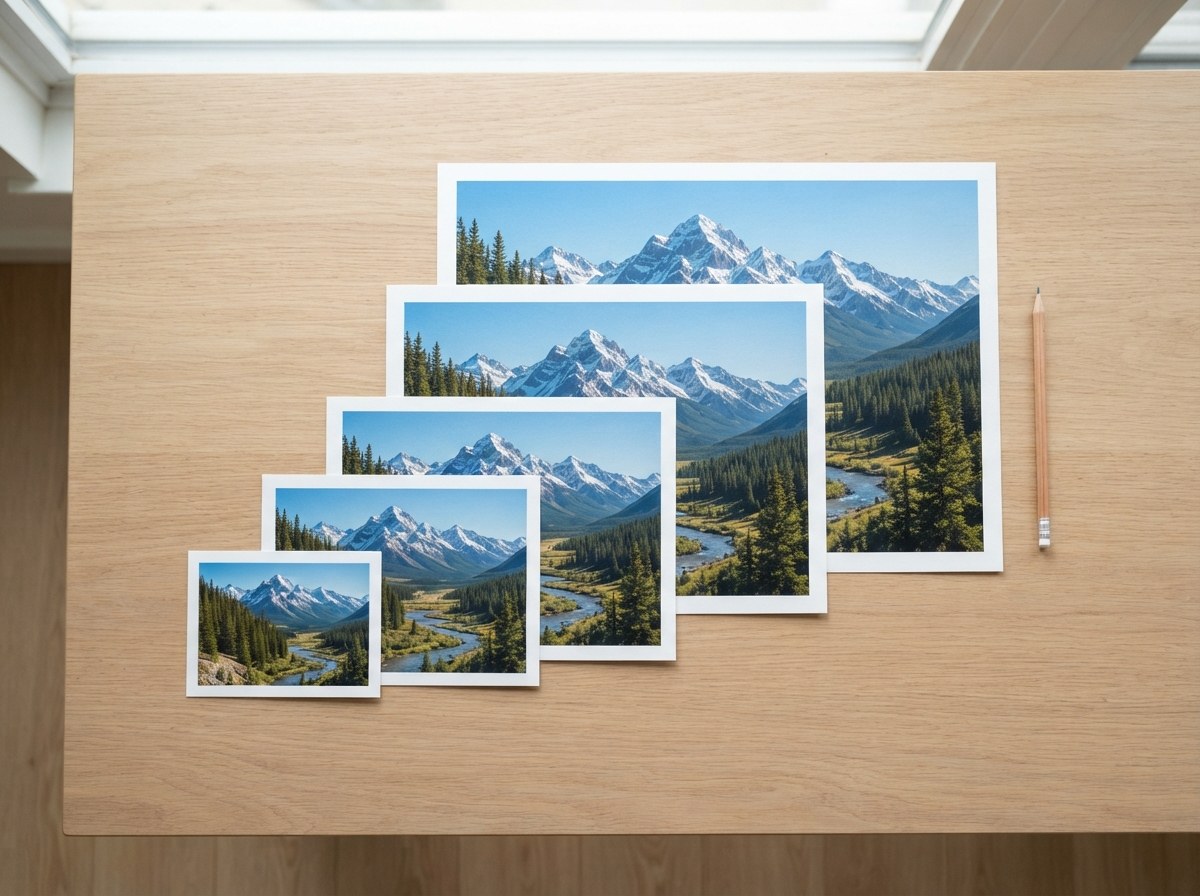The same mountain landscape printable printed in five sizes, from small to large, laid out on a wooden table