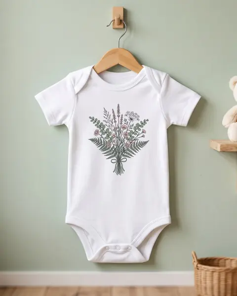 Babybody-Mockup auf einem Bügel im salbeigrünen Kinderzimmer