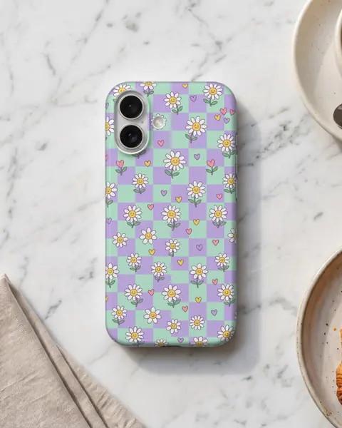 iPhone-Hüllen-Mockup auf einem Marmor-Cafétisch