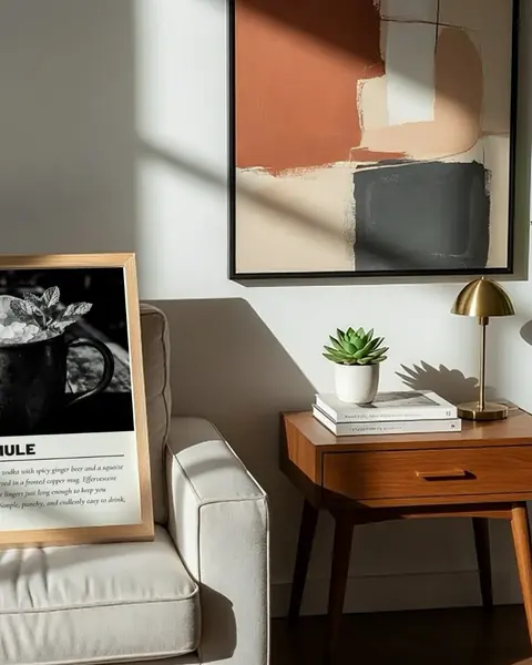 Poster-Mockup mit Eichenrahmen über einem Sofa