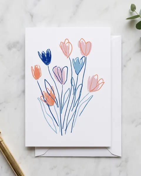 Grußkarten-Mockup auf weißem Marmor mit Eukalyptus