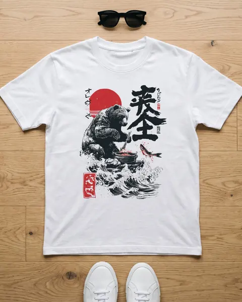 Flatlay-Mockup eines weißen T-Shirts auf Eichenboden