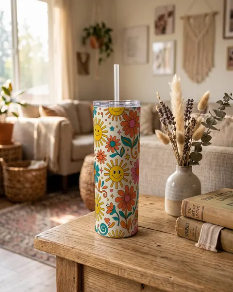 Mockup eines schlanken 20-oz-Tumblers auf einem Boho-Beistelltisch