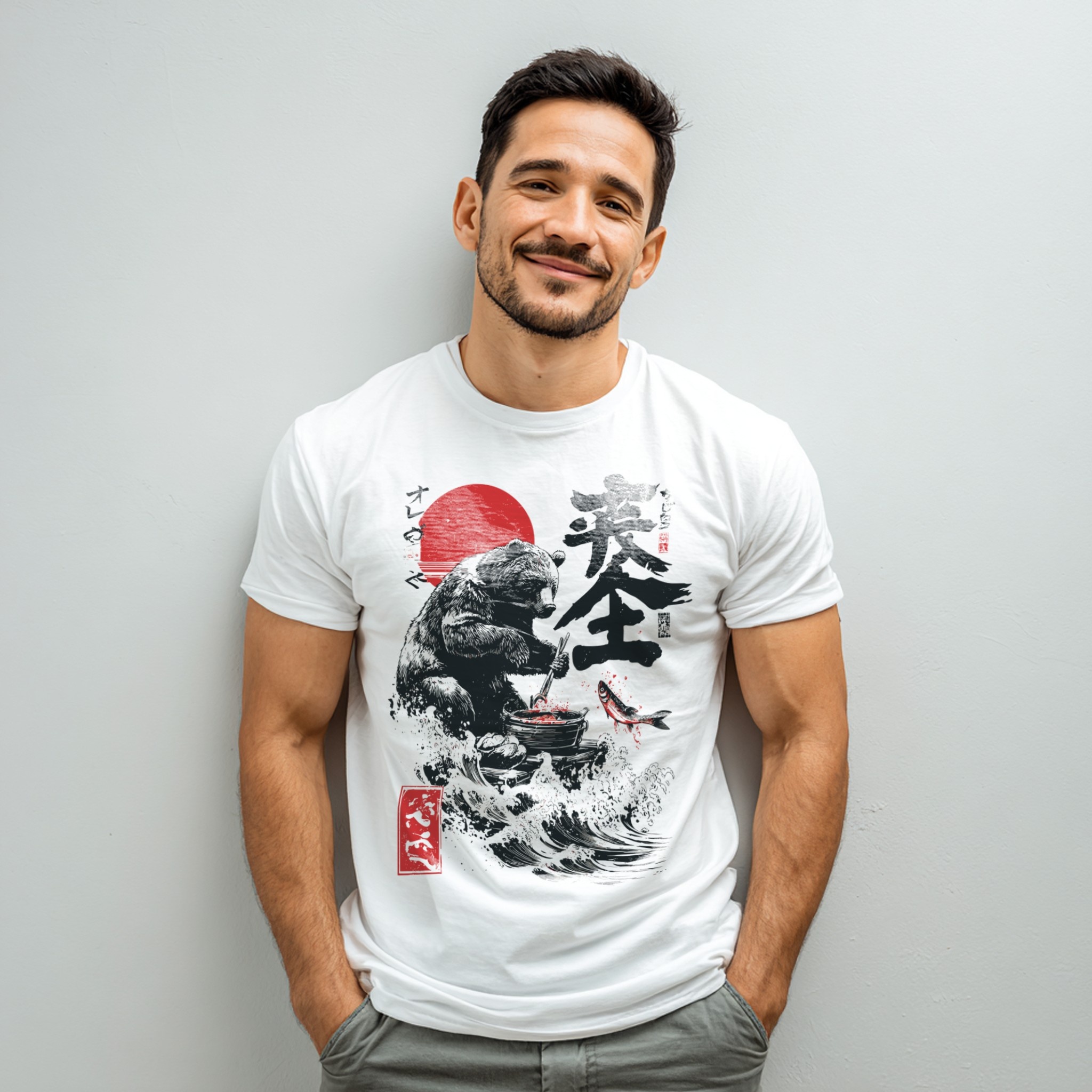 White t-shirt mockup on man in studio with bold typography