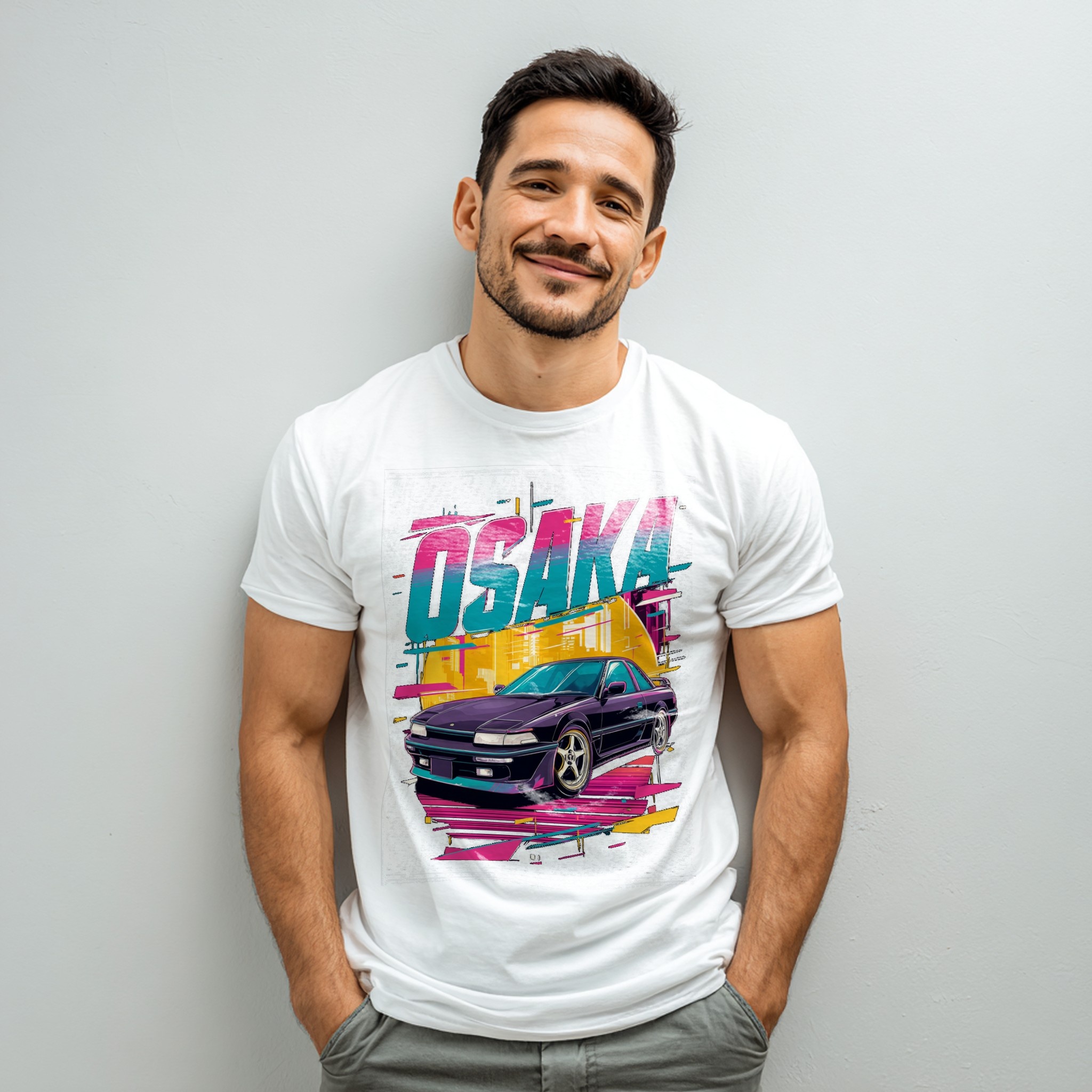 White t-shirt mockup on man in studio with graphic design