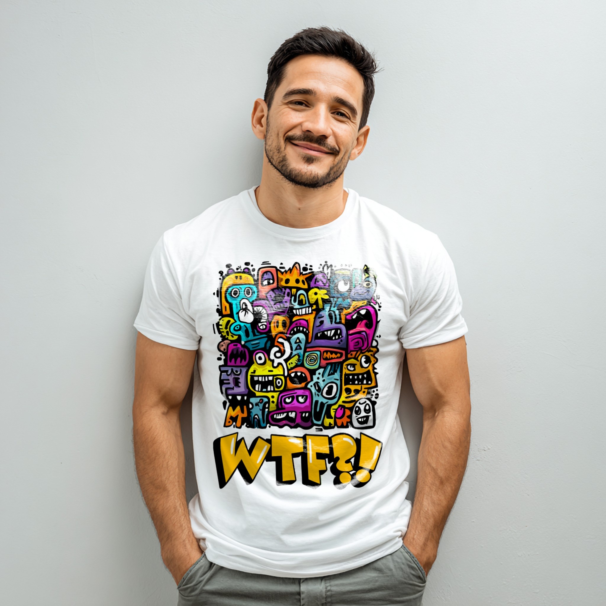 White t-shirt mockup on man in studio with illustrated print