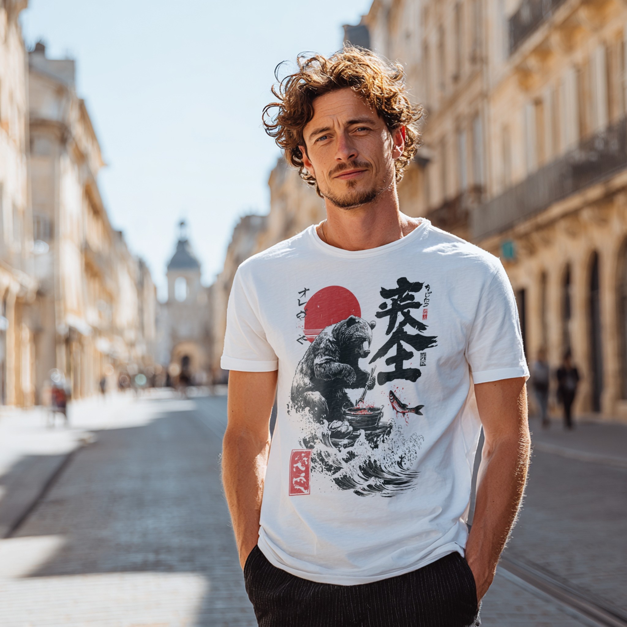 White t-shirt mockup on man on bright street with custom artwork