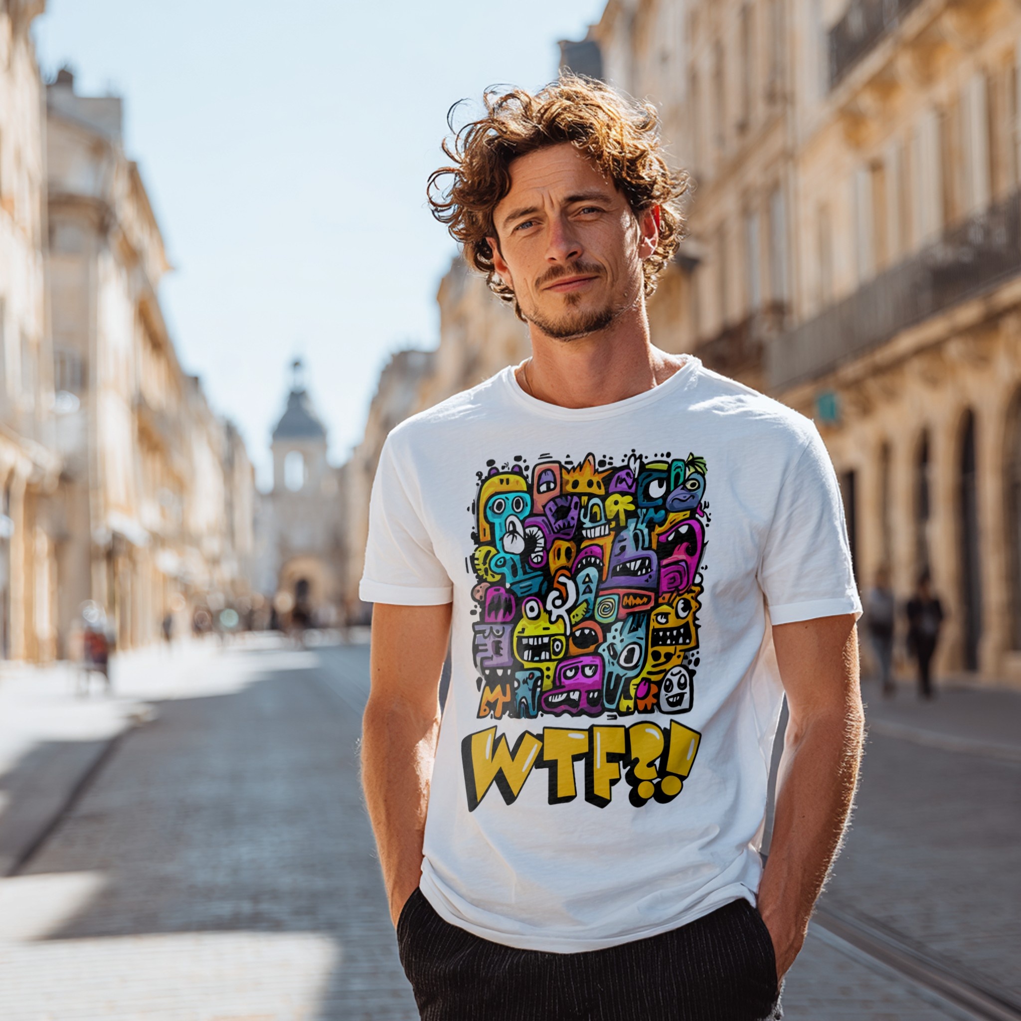 White t-shirt mockup on man on street with bold print