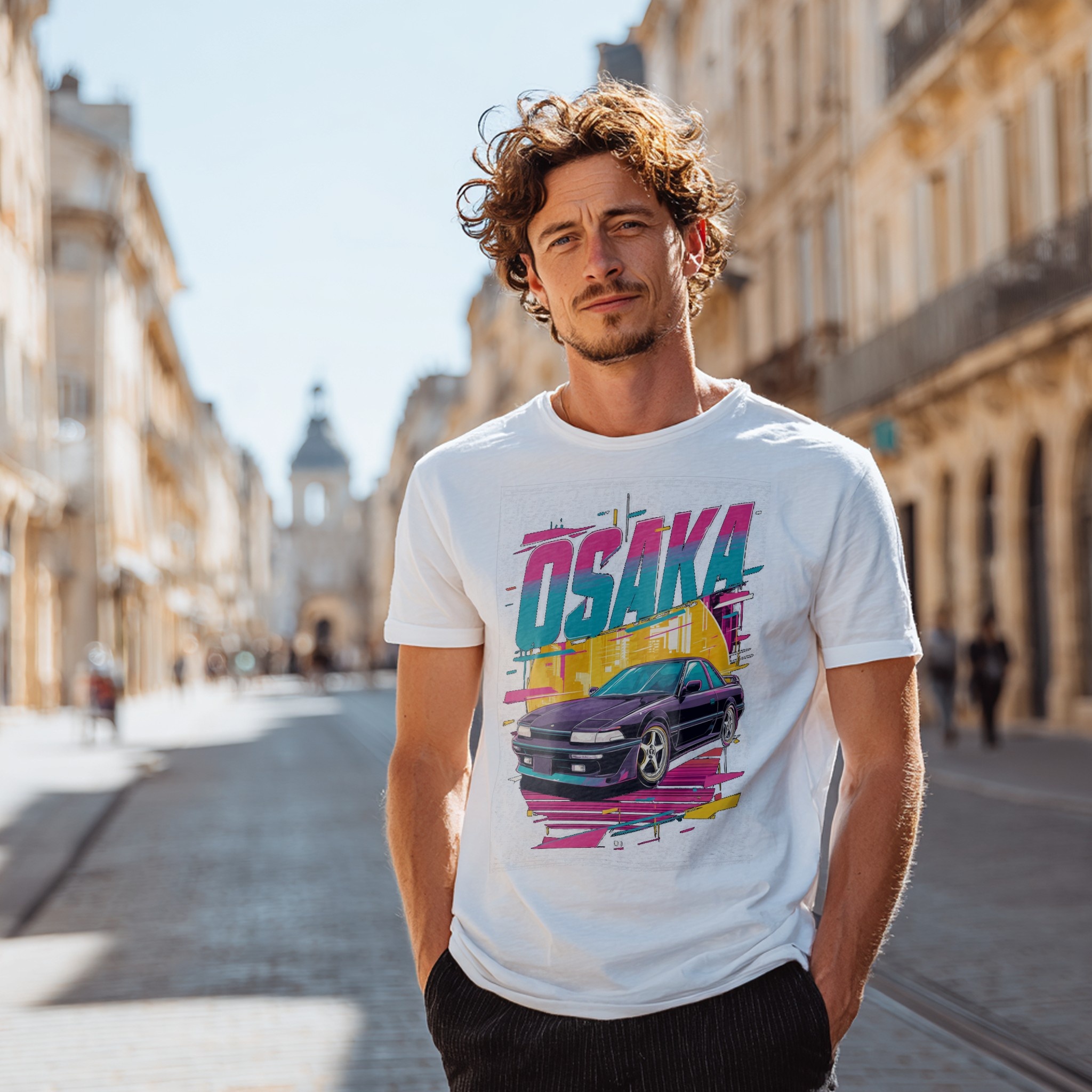 White T-Shirt Mockup Man on Bright Street example
