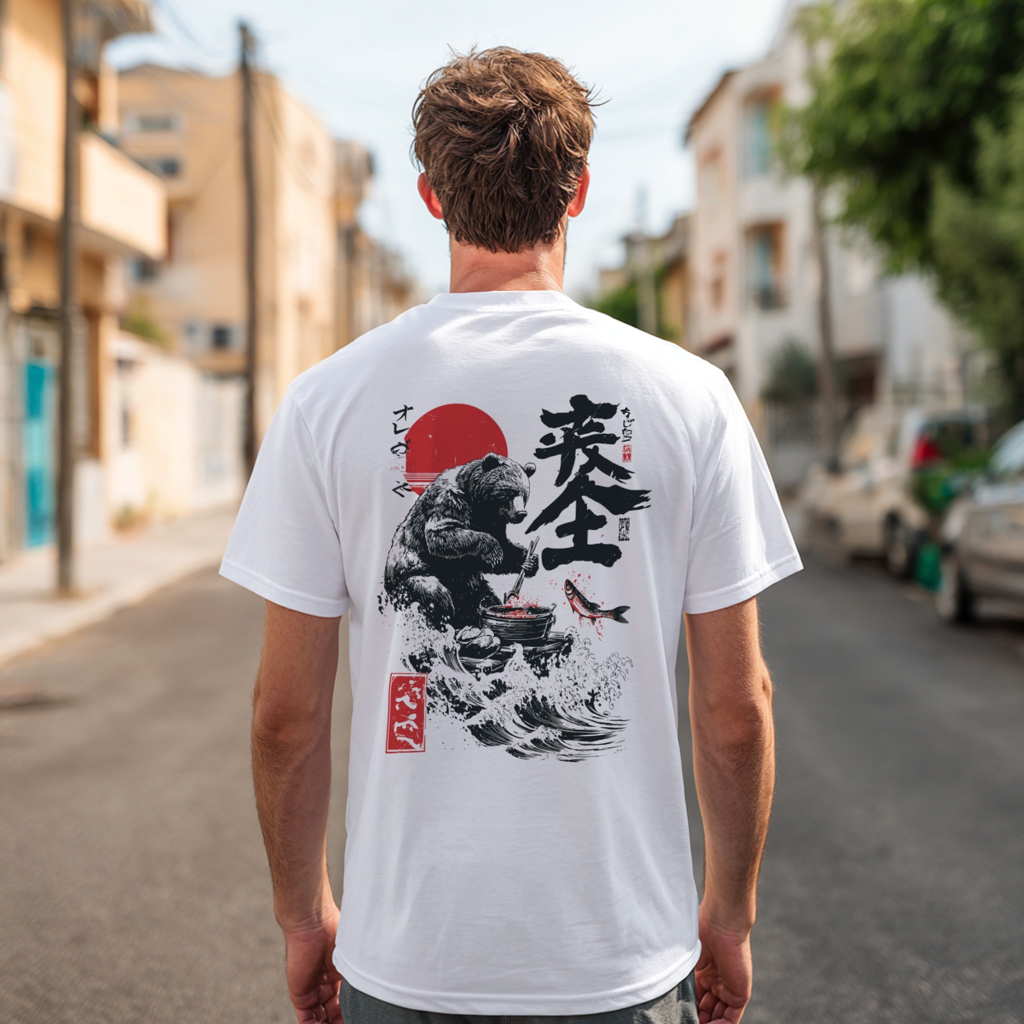 White t-shirt back view mockup on man on urban street