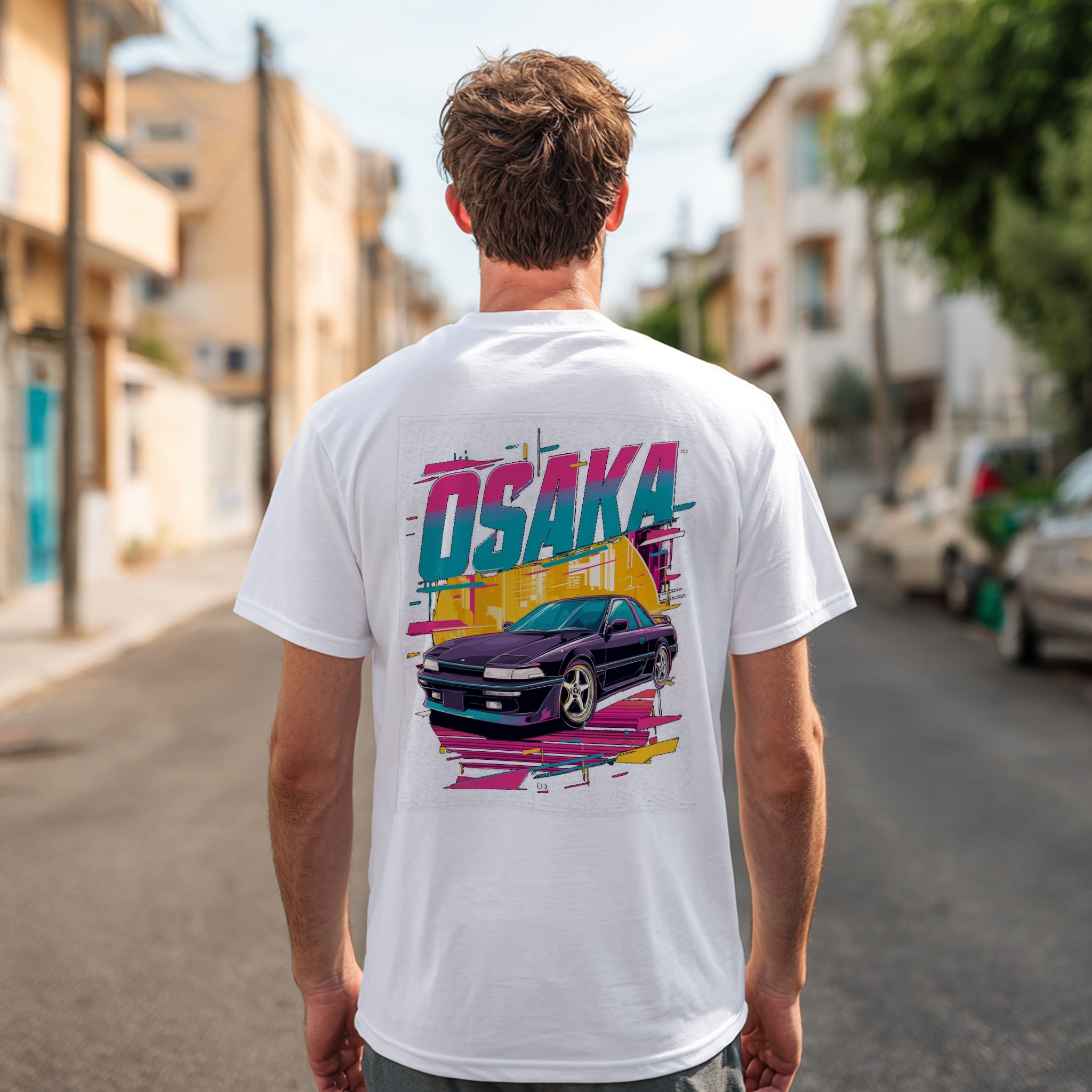 White T-Shirt Mockup Man Street Back View example