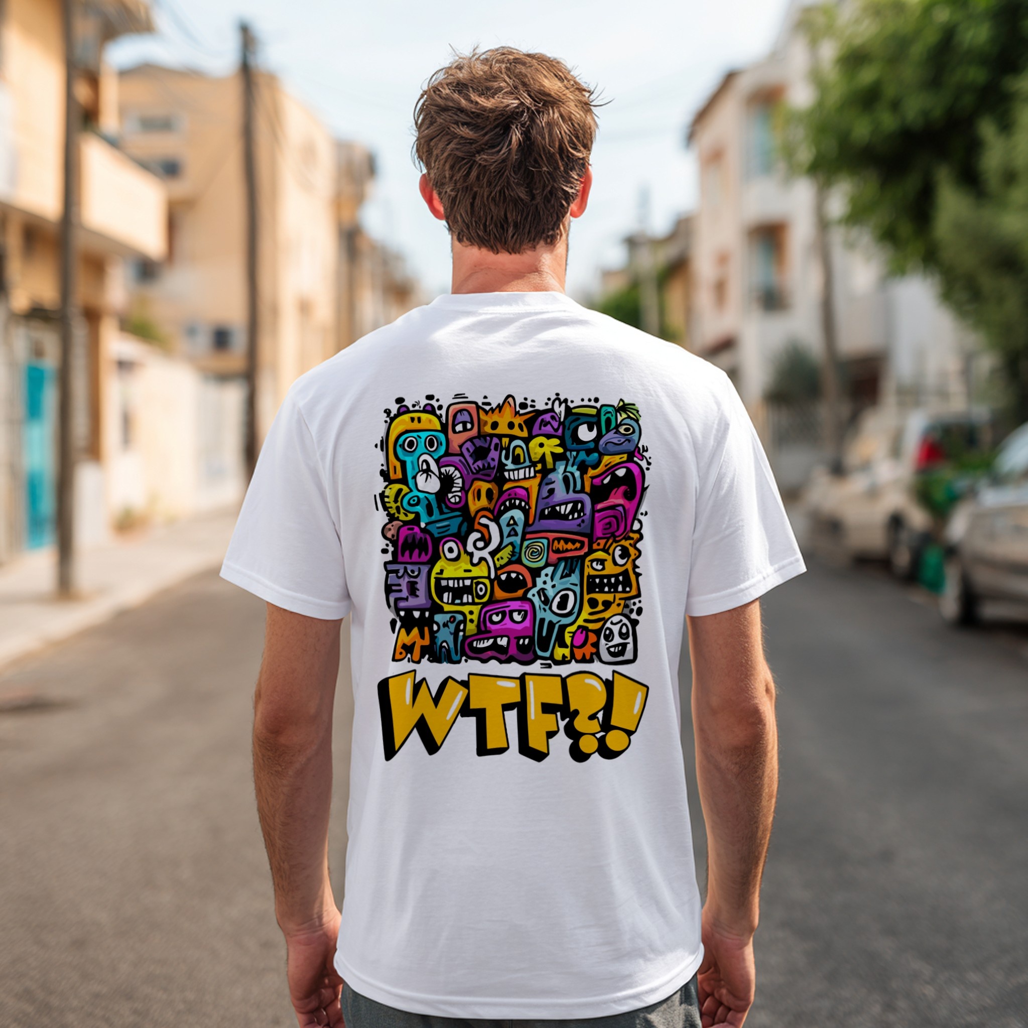 White t-shirt back print mockup on man with graphic artwork
