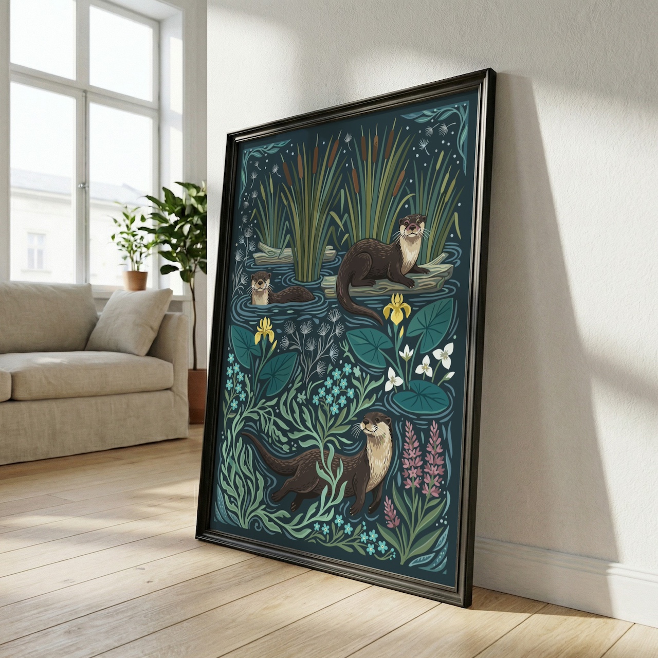 Black frame angled view with otter illustration in Scandinavian room