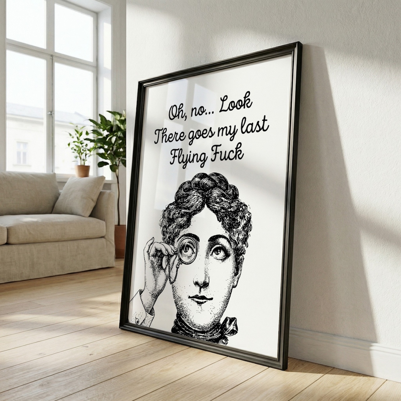 Black frame angled view with vintage portrait in Scandinavian room