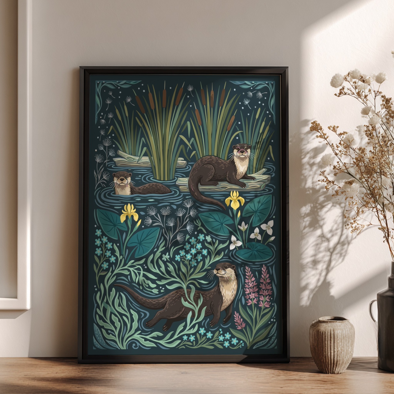 Black frame mockup with otter illustration in Scandinavian room