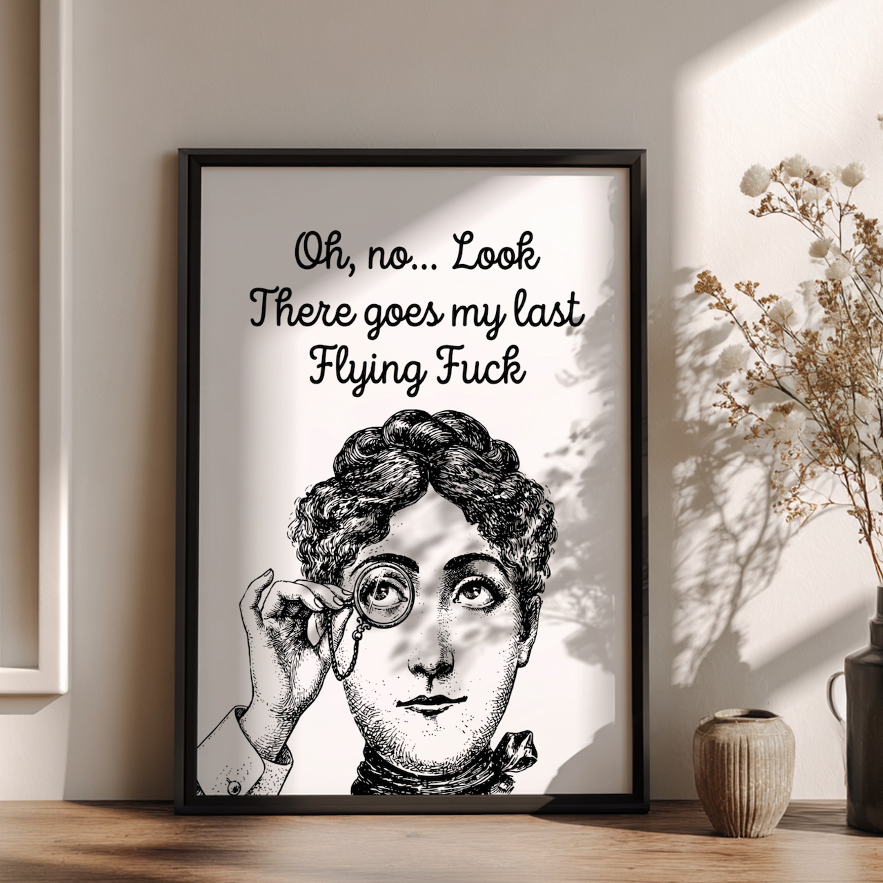 Black frame mockup with vintage portrait in Scandinavian room