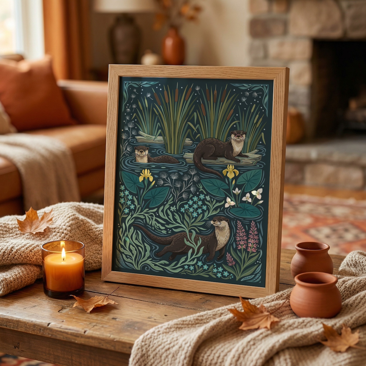 Oak poster frame mockup with otter illustration in cosy living room